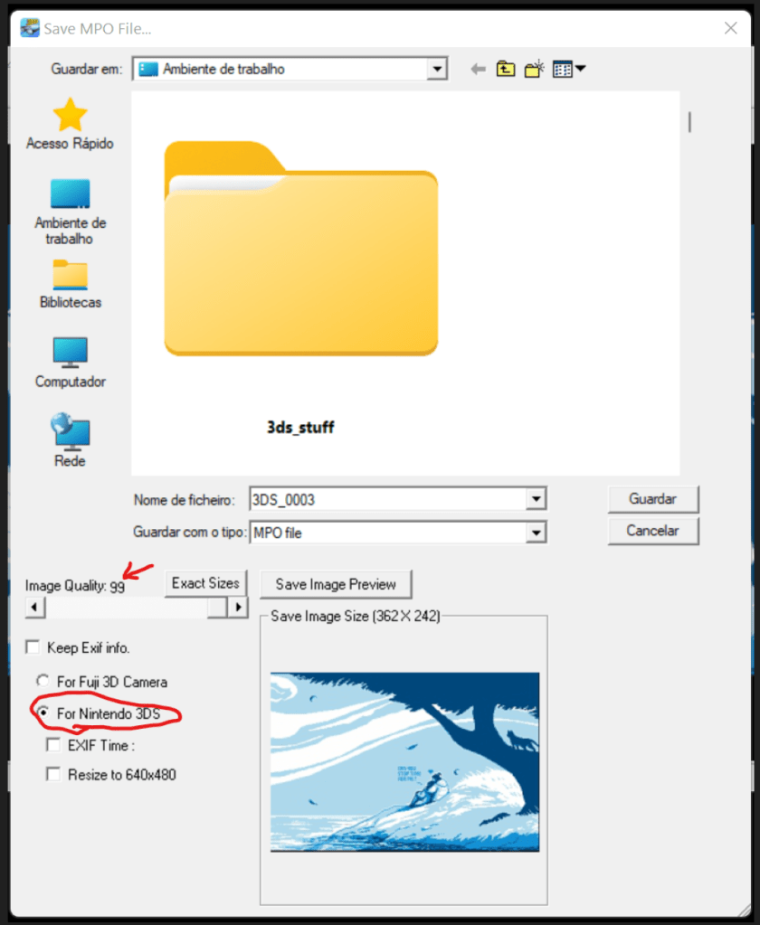 A screenshot of the Stereo Photo Maker software, showcasing how to export a converted 3D stereoscopic image into a .mpo file.