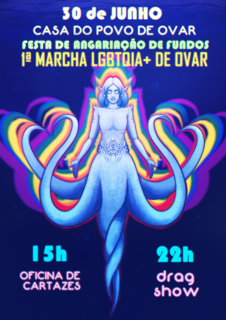 same illustration as before, but now with the overlay text, in portuguese, announcing the details for the crowdfunding party.