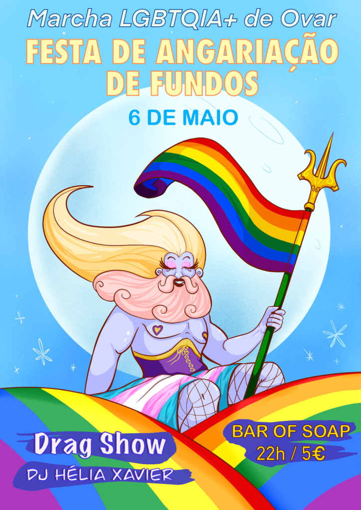 same illustration as before, but now with the overlay text, in portuguese, announcing the details for the crowdfunding party.